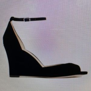 Ann Taylor Dagny Black Peep Toe Suede Leather Wedge Heels